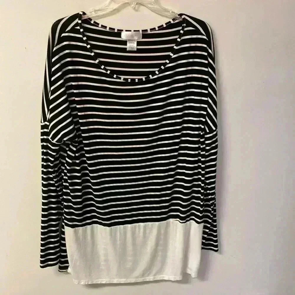 Women’s Top It Off XL Black and White Stripe Long Sleeve Pullover Blouse